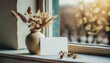 © happyjack29 - Miniature ceramic vase with dried flowers and blank card mockup on window sill of old wooden window