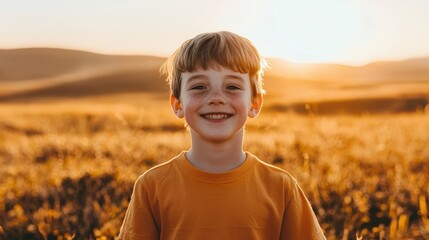 Wall Mural - Happy Boy Smiling in a Golden Wheat Field at Sunset