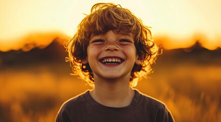 Wall Mural - Happy Child at Sunset A Joyful Portrait in a Golden Field