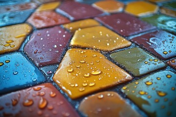 Wall Mural - Colorful wet mosaic tiles, water droplets.