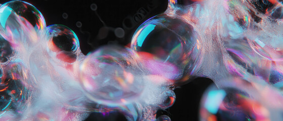 Aufkleber - Intricate close-up of bubbles showcasing vibrant colors and textures against a black background