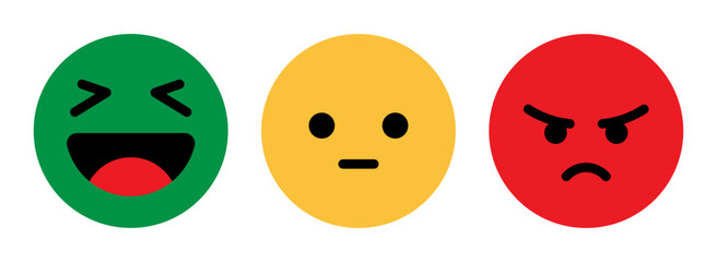 Fototapete - Happy, sad, and neutral emoji smiley set in green, yellow and red color vector image on white background. Emoticons positive, neutral and negative. Rating smile for customer opinion. Happy, sad smiley