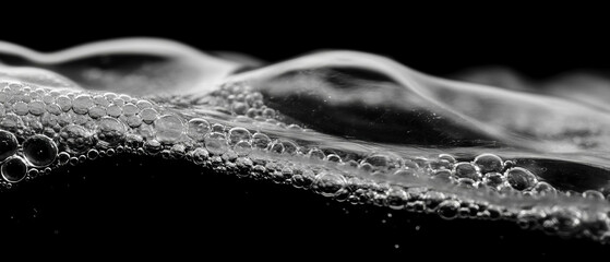 Poster - Bubbles in sharp focus with transparent surface against a black background