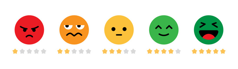 Aufkleber - Rating emoji with star set with good to bad customer feedback experience indicator vector image. Five-star rating emoji icon set. Emoji feedback scale with stars line. Rating emoji vector collection.
