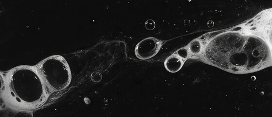 Poster - Textured overlay of bubbles with varied shapes and sizes against a black backdrop