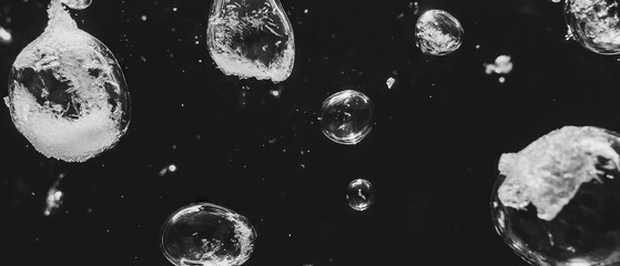 Poster - Bubbles with frozen surface and ice crystals create a wintery texture on a black background