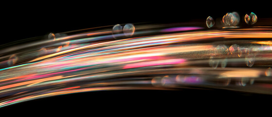 Poster - Dynamic motion blur of colorful bubbles with light trails against a black background
