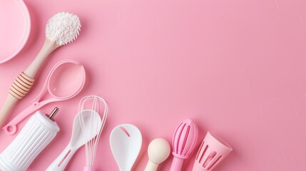 Wall Mural - A flat lay of kitchen tools on a pink background.