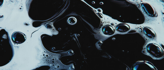 Poster - Bubbles reflecting objects create a captivating texture against a dark background