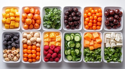 Canvas Print - Colorful assortment of fresh fruits and vegetables arranged in bowls on a white surface