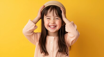 Wall Mural - Joyful Little Girl in Yellow Background Studio Portrait