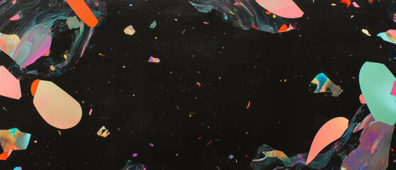 Poster - Colorful confetti patterns create an abstract texture against a dark background