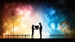 © AI Photo Stock - Couple Sharing a Heart Under the Stars - Silhouettes of a romantic couple sharing a heart-shaped object against a vibrant, starry night sky.