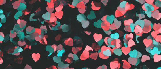 Poster - Colorful confetti hearts create a vibrant overlay on a dark background