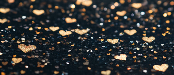 Poster - Confetti hearts create a romantic atmosphere with a golden glow on a dark background