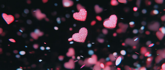Poster - Romantic confetti texture featuring heart shapes on a dark background for special occasions