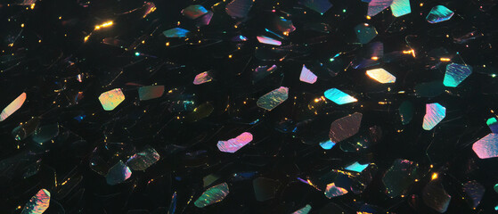 Poster - Confetti overlay texture with holographic and iridescent gold shimmer on black background