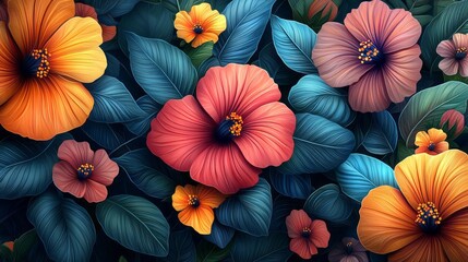 Aufkleber - A mesmerizing display of intricately detailed hibiscus flowers in shades of orange, pink, and yellow fills the garden space