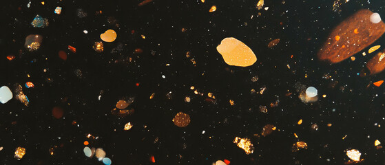 Poster - Vibrant confetti texture with mixed golden shapes on a deep black background
