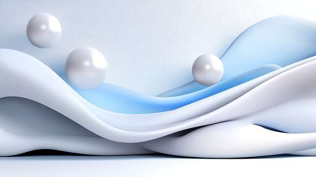 Abstract 3d Rendering of Pearls on Flowing White and Blue Fabric