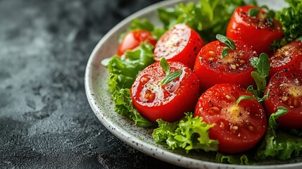 Wall Mural - Freshly sliced tomatoes on a bed of crisp lettuce, garnished with herbs, showcasing vibrant colors