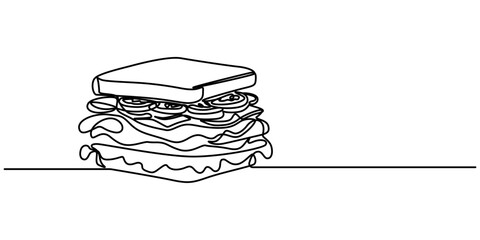 Poster - sandwich continuous one line drawing,  
Continuous Line Drawing of Fast Food Icon. Hand Drawn Symbol Vector Illustration, One single line drawing of fresh sandwich logo vector graphic art illustration