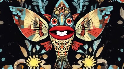 Wall Mural - Colorful abstract fish illustration with vibrant patterns and flowers, set against a dark background