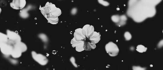 Aufkleber - Falling cherry blossoms create an enchanting black background effect with gentle cascades