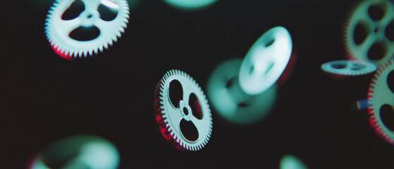 Poster - Exploring the intricacies of film sprockets with an abstract analog style on a black background
