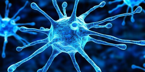 Poster - Microscopic View Abstract 3D Rendering of Blue Virus, Bacteria, or Deadly Pathogens
