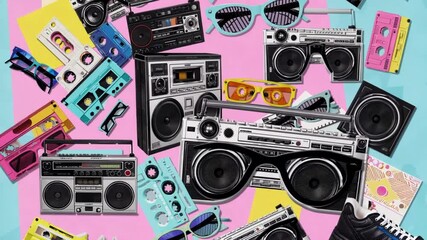 Poster - A playful, brightly colored collage of retro electronics and fashion items (cassette tapes, chunky sneakers) reflecting Gen Z’s nostalgic throwback trend.