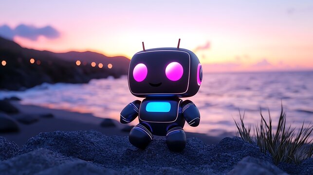 Adorable Robot Enjoys a Serene Beach Sunset