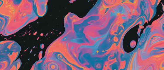 Poster - Vibrant fractal patterns with swirling textures against a black background create abstract design