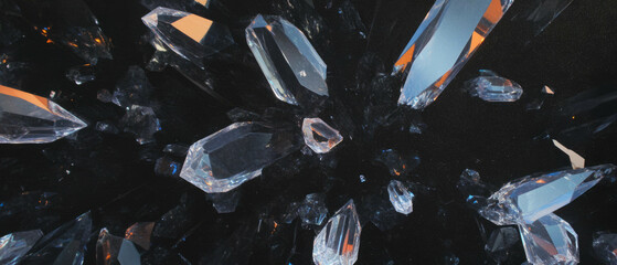 Poster - Shard-like glass texture with sharp edges on a deep black background for a striking effect