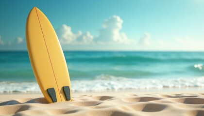 Yellow surfboard standing on the sandy beach with waves and clear sky in the background