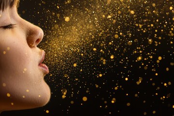 Poster - Subtle Gold Dust Particles Floating Over Dark Background in Artistic Portrait