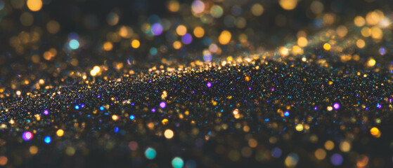 Poster - Vibrant glitter texture with iridescent particles shining against a black background