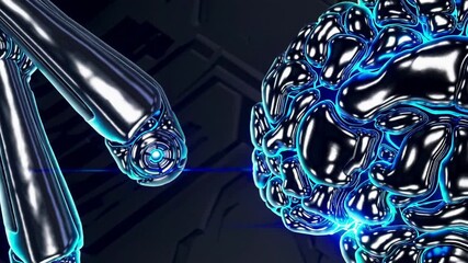 Poster - Cybernetic brain fused with robotic arms, featuring metallic textures and vivid electric-blue highlights