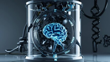 Aufkleber - Cybernetic brain fused with robotic arms, featuring metallic textures and vivid electric-blue highlights
