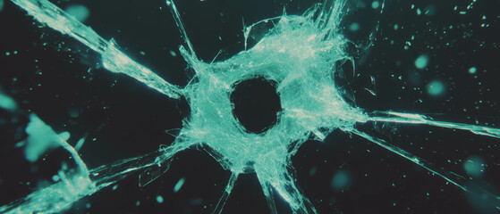 Aufkleber - Impacted broken glass texture with radiating cracks on a black background