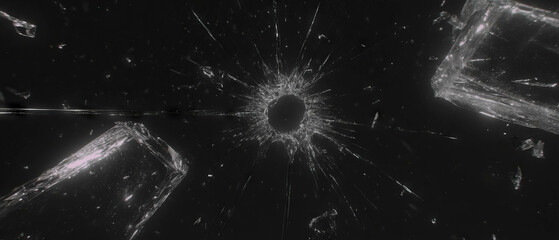 Poster - Impacted broken glass with radiating cracks against a black background