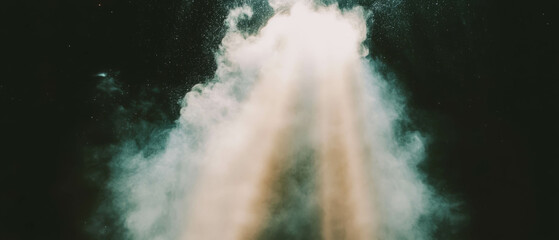 Poster - Emotive light rays penetrate dust and fog creating a mysterious atmosphere against a dark background