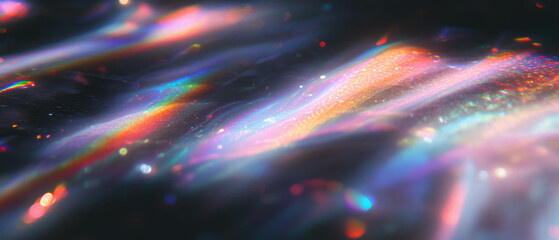 Poster - Vivid rainbow light overlay texture glowing against a dark background with iridescent sheen