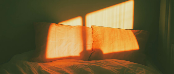 Poster - Cozy bedroom with warm sunlight streaming through the window onto soft pillows
