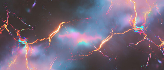 Poster - Lightning reflects on smoke with iridescent sheen and colorful highlights against a dark background