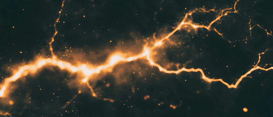 Poster - Striking lightning bolts with warm yellow and orange glow on a dark background