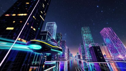 Aufkleber - Futuristic city skyline with glass skyscrapers, hovering vehicles, and soft neon glows against a dark sky