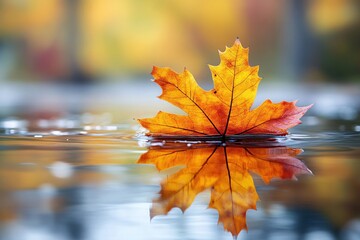 Autumn maple leaf floating on water with reflection and blurred background in fall season