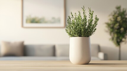 Wall Mural - Small Potted Plant on Wooden Table in Modern Living Room