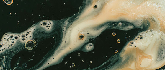 Poster - Liquid bubbles form abstract patterns on a black background creating artistic designs